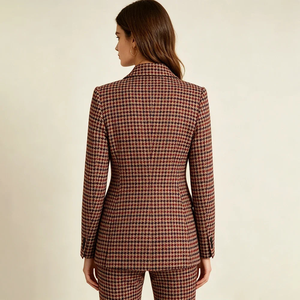 Luxury Vintage 2 Piece Suits High Quality Women's Houndstooth Double Breasted Peak Lapel Blazer Fashin Customzied Jacket Pants