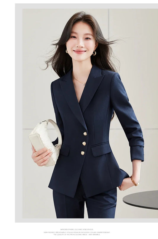 Elegant Formal Blazer Pants Set for Woman 2 Pieces Matching Sets Autumn Office Lady Work Jacket and Trousers Suit Pink