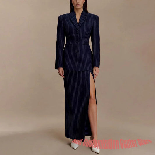 Professional Woman Clothes Navy Pinstripe Blazer with High-Slit Maxi Skirt Sophisticated Evening or Formal Event Suit Set