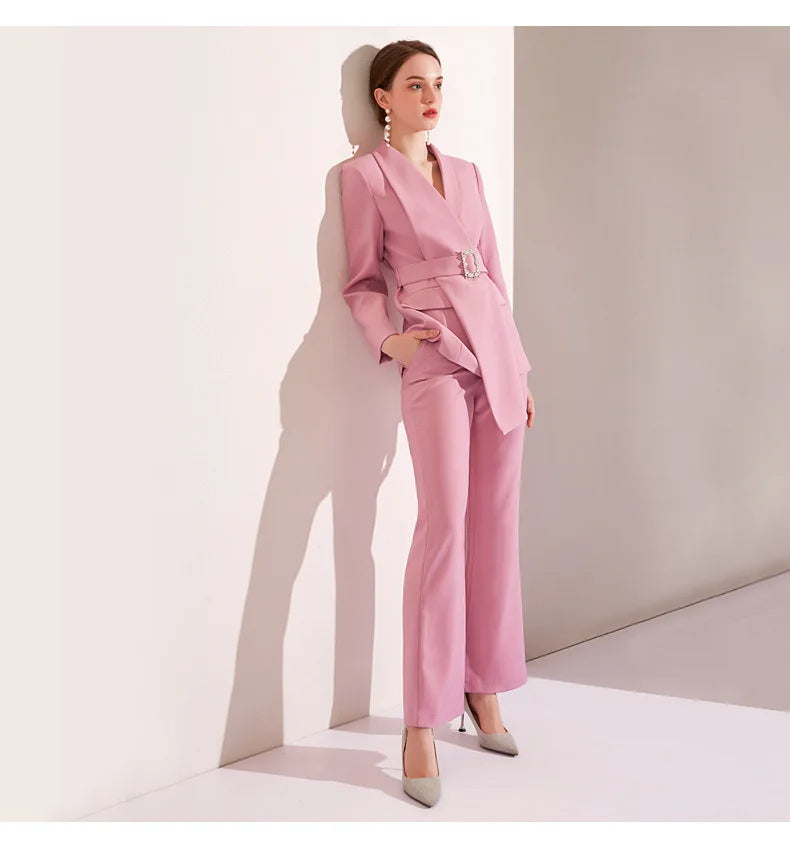 High Quality Women Belt Business Attire blazers Trousers Suits Set 2 Piece Elegant Slim Fit Pink Formal Office Lady Blazer Suits