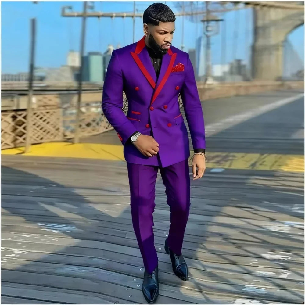 Men's Double Breasted 2-Piece Slim Fit Tuxedo Suit — Peak Lapel Jacket & Pants Set for Wedding, Business & Formal Events