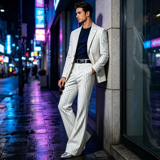 Men's 2-Piece Stripe Suit – Slim Fit Notch Lapel Jacket with Bell Bottom Trousers for Party & Formal Occasions