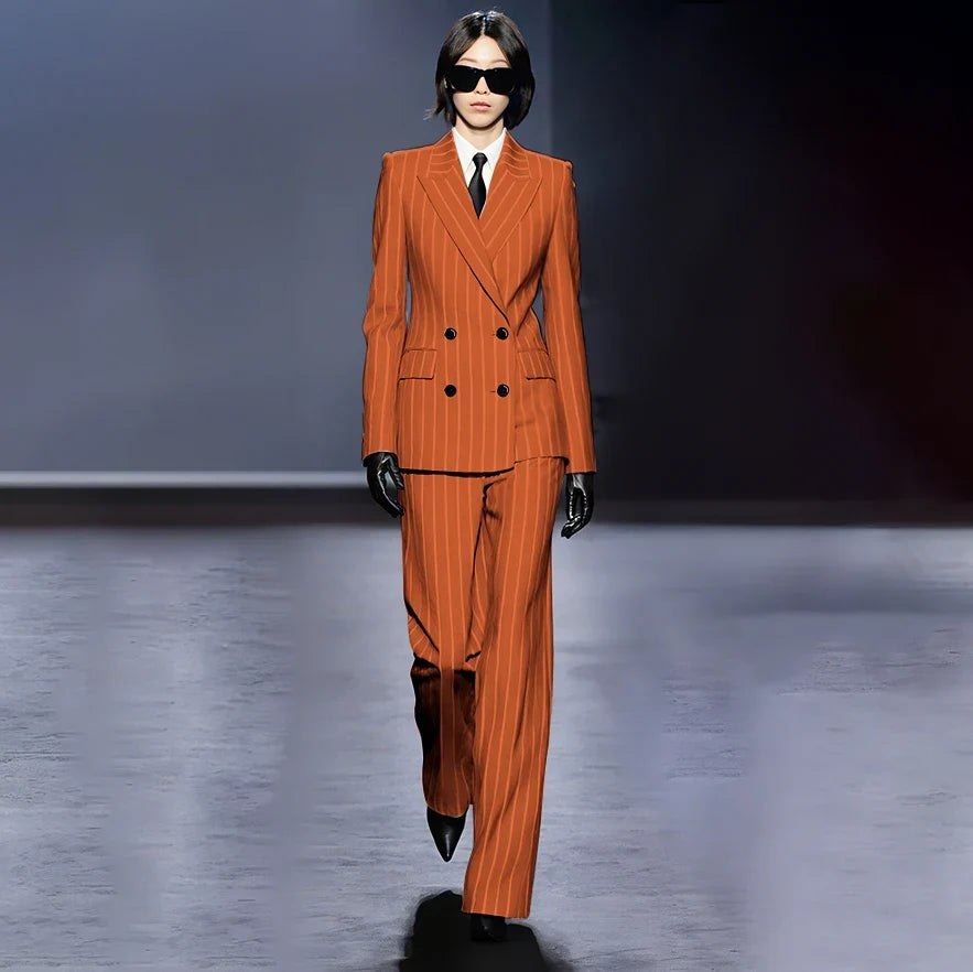 Dark Blue Stripes Women Suit Customized Double-breasted Peak Lapel Two Pieces(Jacket+Pants) Business Office Lady Competent Set