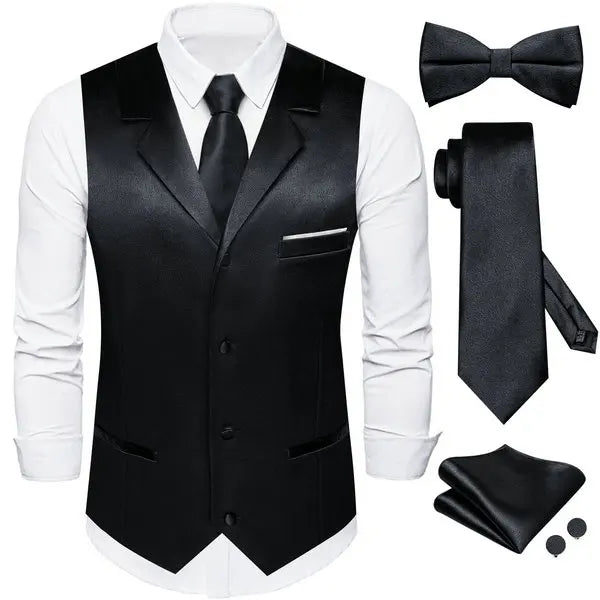 Men's Satin Waistcoat 5-Piece Set with Rose Gold Lapel – Vest, Necktie, Bow Tie, Pocket Square & Cufflinks