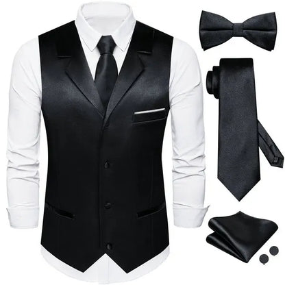 Men's Satin Waistcoat 5-Piece Set with Rose Gold Lapel – Vest, Necktie, Bow Tie, Pocket Square & Cufflinks
