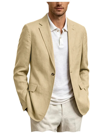 Men's Linen Blend Blazer One Button Lightweight Casual Business Suit Jacket Slim Fit Formal Sport Coat For Wedding Party Office