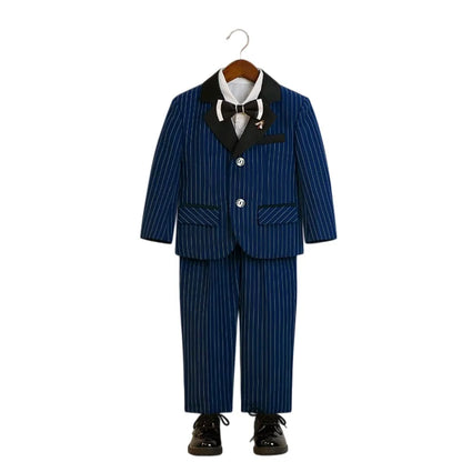 1-11Years Boys Spring Autumn Striped Suit Set Kids Formal Wedding Birthday Party Wear With Jacket Pants Bowtie Brooch