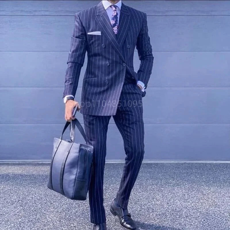 Navy Blue Striped Men Suits Slim Fit Peak Lapel Double Breasted Balzer Pants Office Wedding Groom Tuxedos 2 Piece Business Set