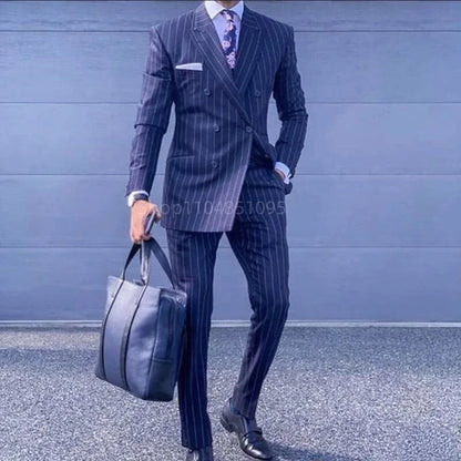 Navy Blue Striped Men Suits Slim Fit Peak Lapel Double Breasted Balzer Pants Office Wedding Groom Tuxedos 2 Piece Business Set