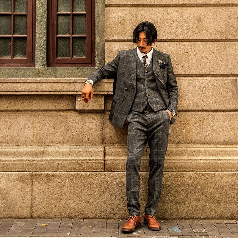 Retro British Style Double Breasted Suit Jacket Men's Checkered Business Formal Suit Wedding Professional Suit