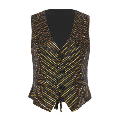 Womens Sleeveless Vests Nightclub Party Tops Sequined Waistcoat Clubwear Music Festival Vest 60s Disco Rave Jazz Dance Cosutme