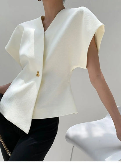 Summer French Asymmetric Blazer Vest Coat Women Drop Shoulder Sleeve Waistcoat One Button Waist Slim Fashion White Top
