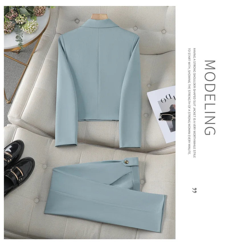 Blue Suit Women 2024 New Spring High End Fashion Temperament Professional Short Blazer And Pants Sets Office Ladies Work Wear