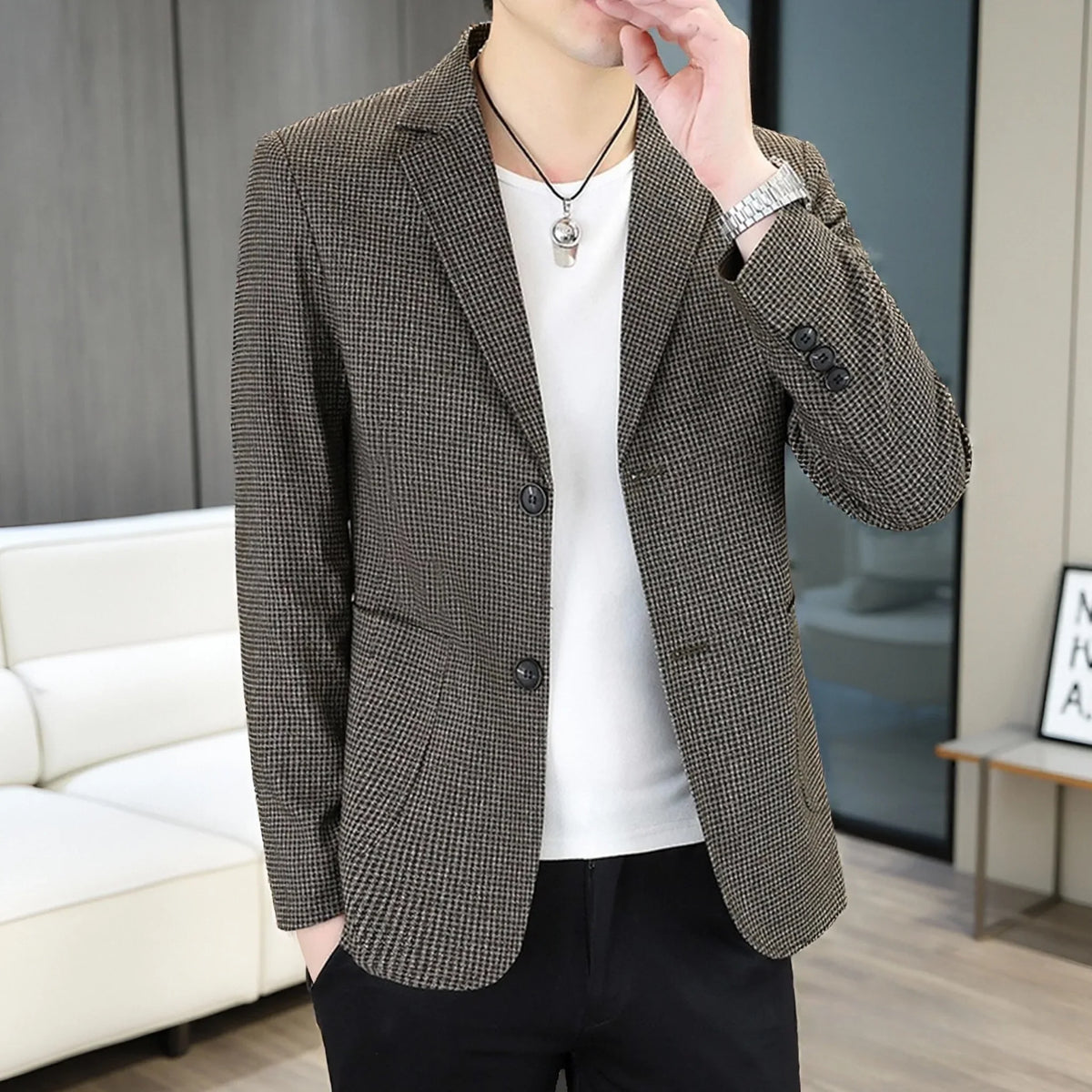 Men's Plaid Blazer for Casual Business Spring Autumn | Khaki Dark Gray Light Gray