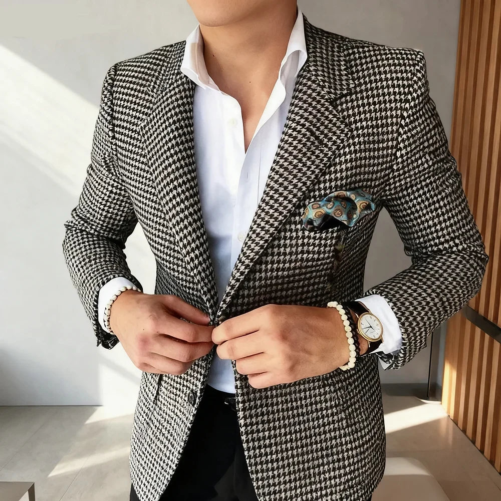 Casual Single Breasted Plaid Suits Blazer Slim Fit Houndstooth Check Wedding Groom Tuxedo Jacket Fashion Men Clothes One Coat
