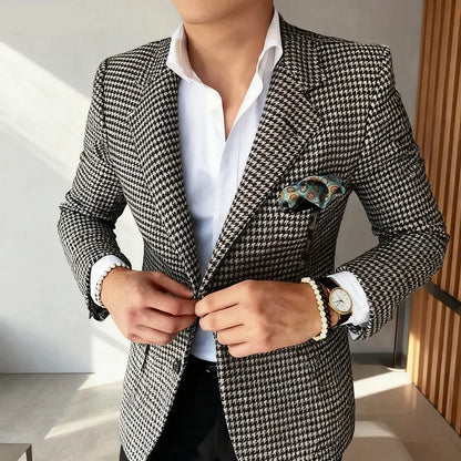 Casual Single Breasted Plaid Suits Blazer Slim Fit Houndstooth Check Wedding Groom Tuxedo Jacket Fashion Men Clothes One Coat