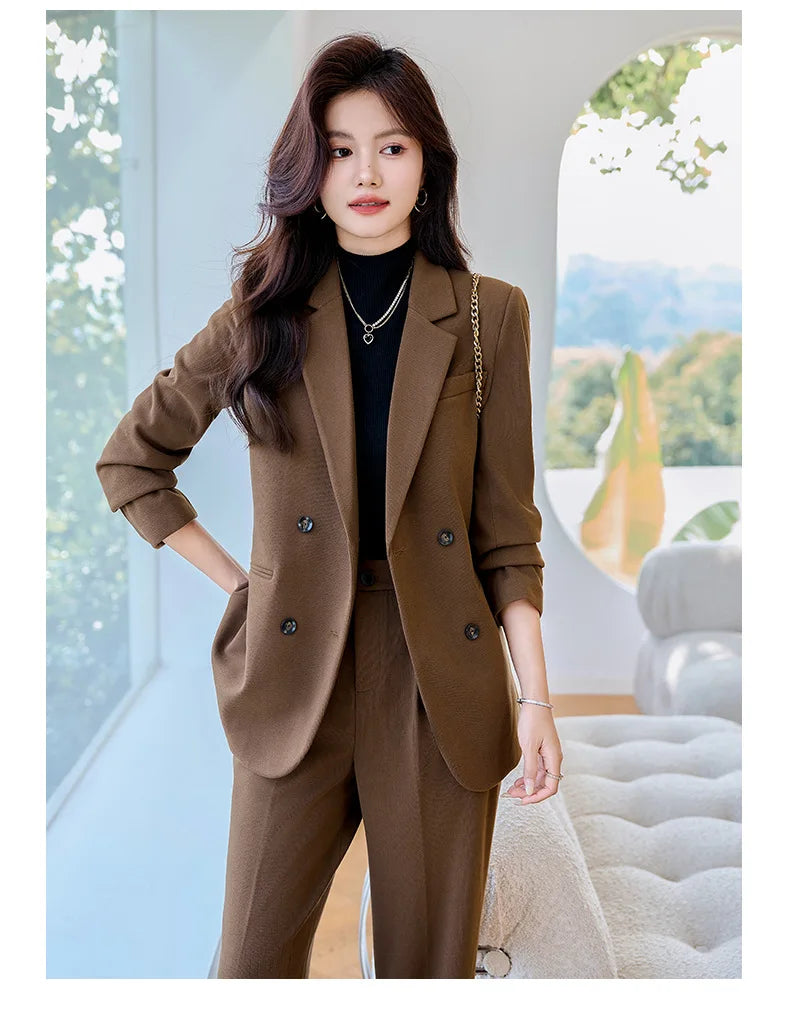 Autumn Winter 2024 New Apricot Coffee Black Elegant Double Breasted Blazer Top And Women High Waist Wide Leg Pant Two Piece Set