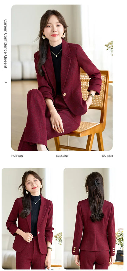 2024 Autumn Winter New Retro Plaid Woolen Blazer Coat And High Waist Flare Pant Two Piece Set Women's Suit Business Clothing