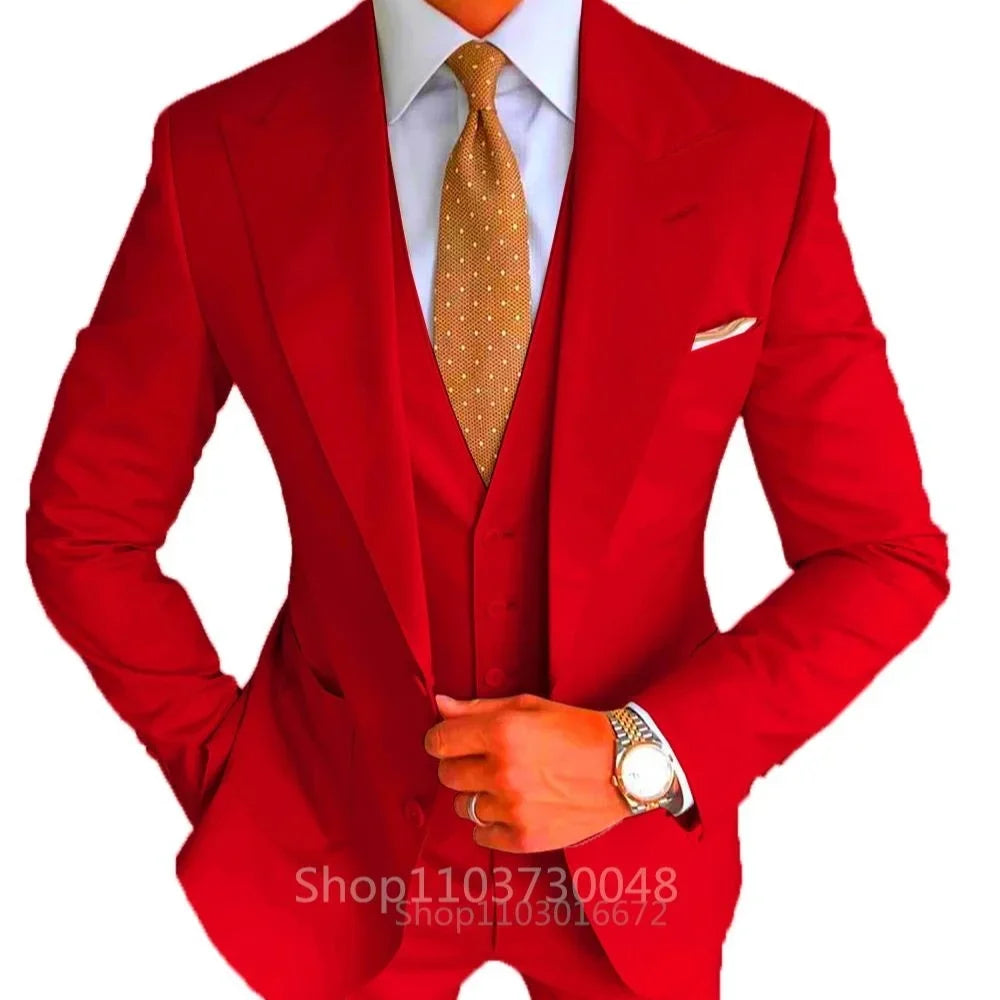 Formal Men's Groom Tuxedos Three-Piece Peak Lapel Suit Solid Jacket Vest Pants Party Prom Daily Casual Tuxedo Business Men Suits