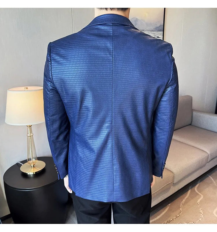 Korean Waffle Leather Suit Jacket Men's Business Casual PU Leather Blazer Slim Fit Wedding Groom Office Social Formal Coats 2026