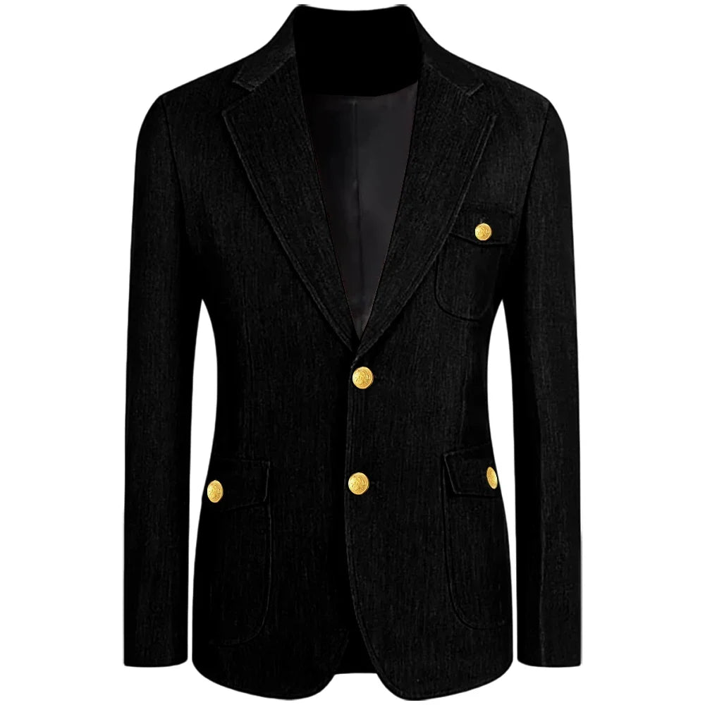 Men's Denim Suit Jacket Classic Notched Lapel Slim Fit Gold Buttons Multiple Pockets Formal Blazer Business Casual Daily Wear