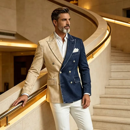 Men's Double Breasted Denim Blazer – Peak Lapel Slim Fit Jacket for Casual & Party Wear