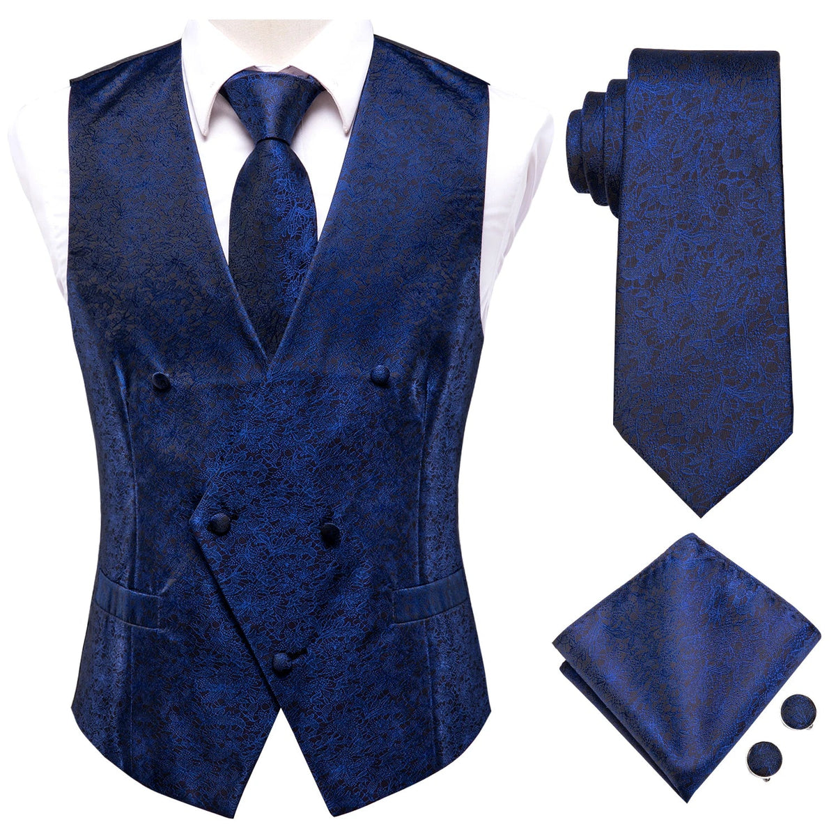 Men's Paisley Vest 4-Piece Set – Slim Fit Waistcoat with Necktie, Pocket Square & Cufflinks for Weddings