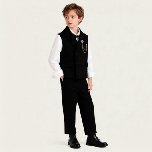 Children's Black Suit Set Boys Wedding Birthday Party Performance Costume Kids Vest Pants Bowtie Brooch 4Pieces Clothes Set