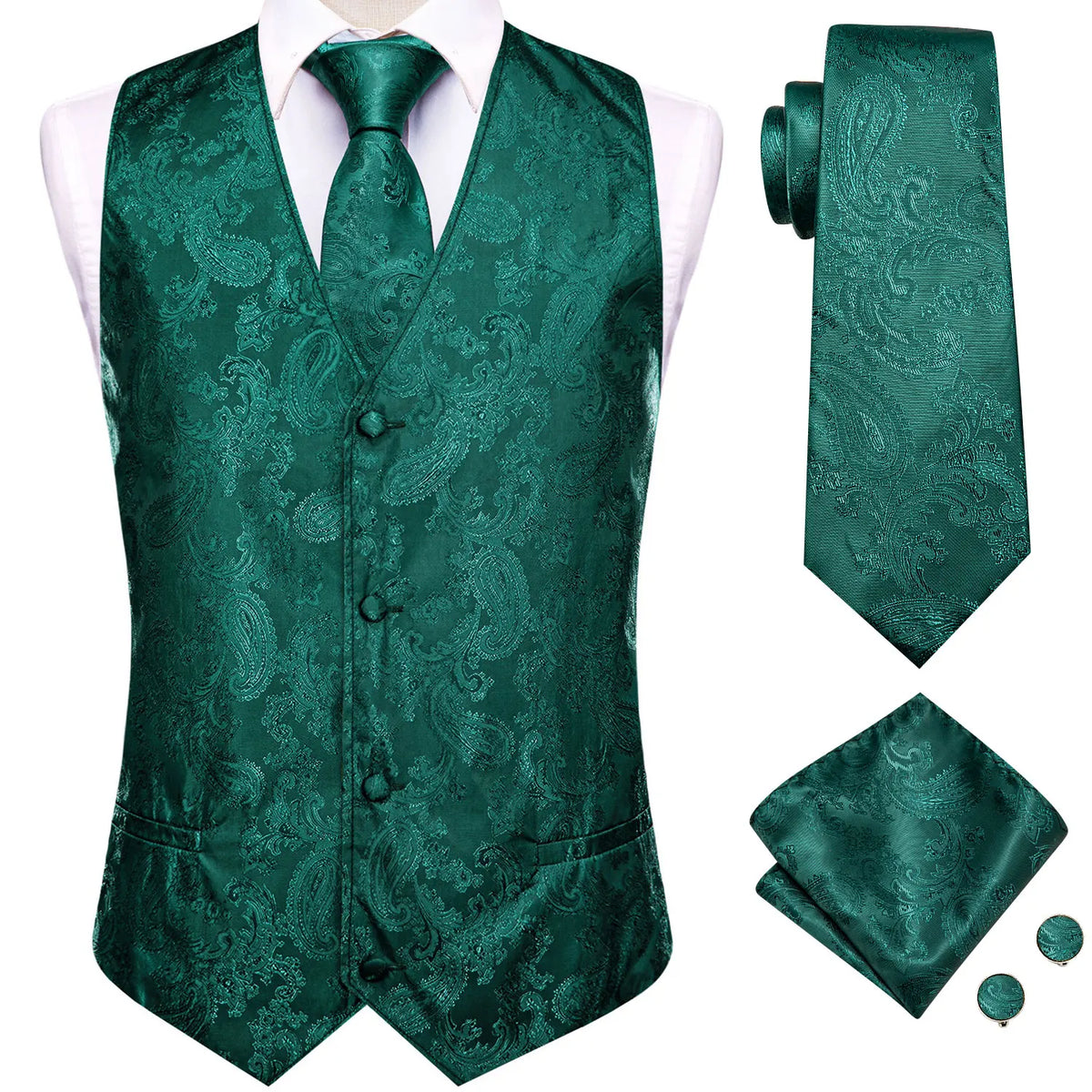 Men's Suit Vest 4-Piece Set | Woven Paisley Waistcoat with Tie, Pocket Square & Cufflinks | Wedding & Business Formal