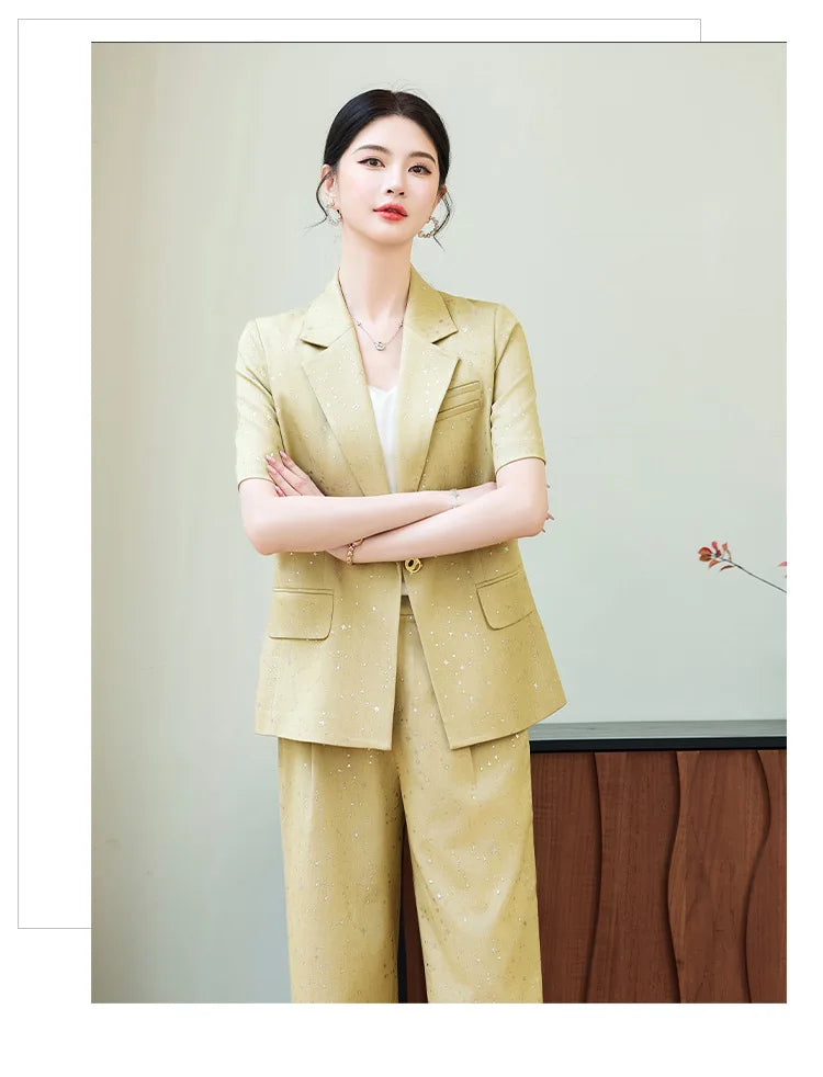 Fashion Blue Yellow Short Sleeve Professional Suit Women New Summer Elegant Formal Slim Blazer And Pants Office Ladies Work Wear