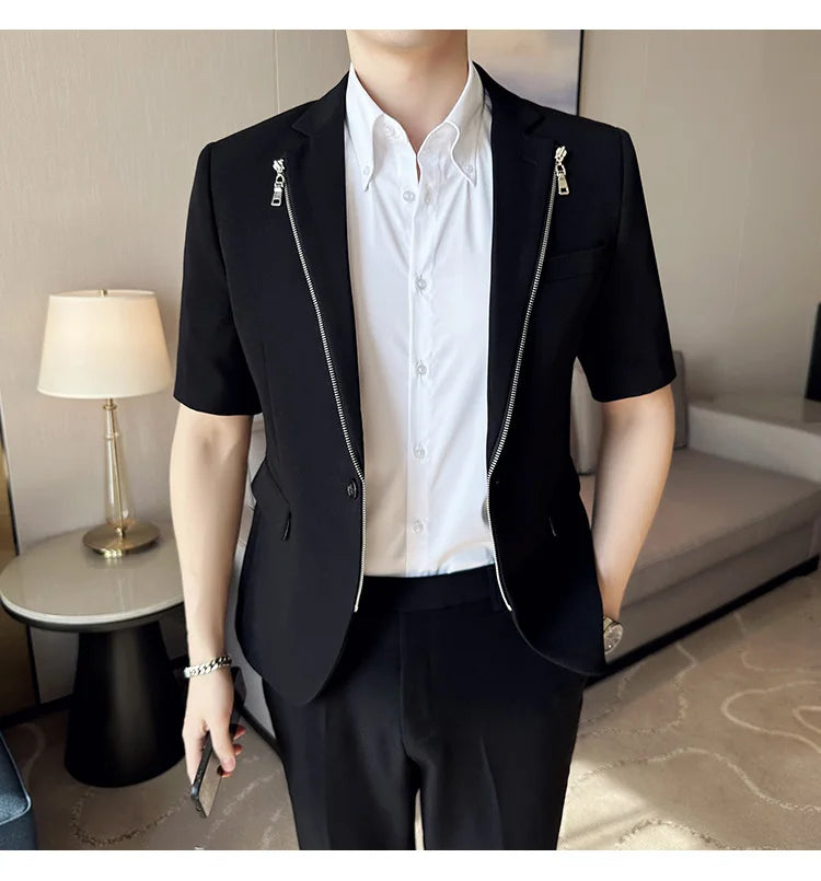 2023 Summer Zipper Decoration Blazers Men Casual Business Suit Jacket Slim Fit 3/4 Sleeve Streetwear Social Jacket Men Clothing