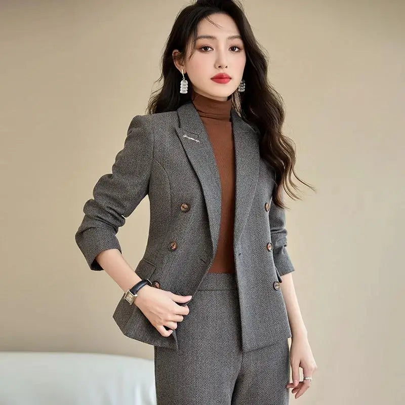 Elegant Lady Wide Leg Pant Sets for Women 2 Pieces Blazer Suit Double Breasted Jacket Trousers Outfit Female Autumn Winter