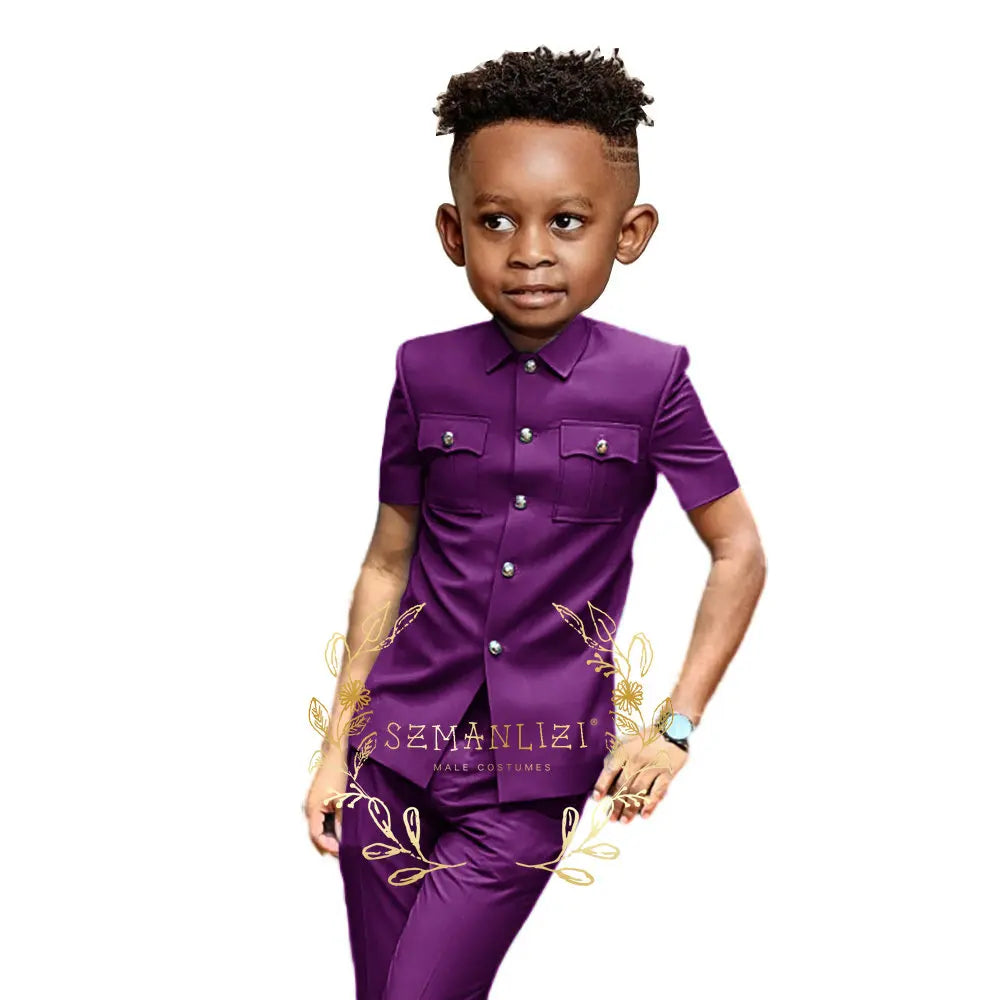 Boys Suit Black 2 Pieces Short Sleeve Party Tuxedo Formal Wedding Kids Clothes Indian Style Blazer Pants 2-16 Years Old