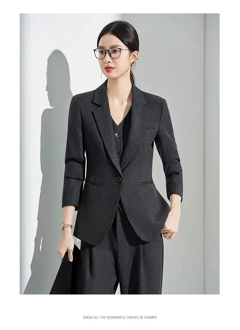 Formal Office Lady Slim Fit 2 Piece Suits Autumn Dark Brown Single Button Blazer And Pants Elegant Business Female Work Wear