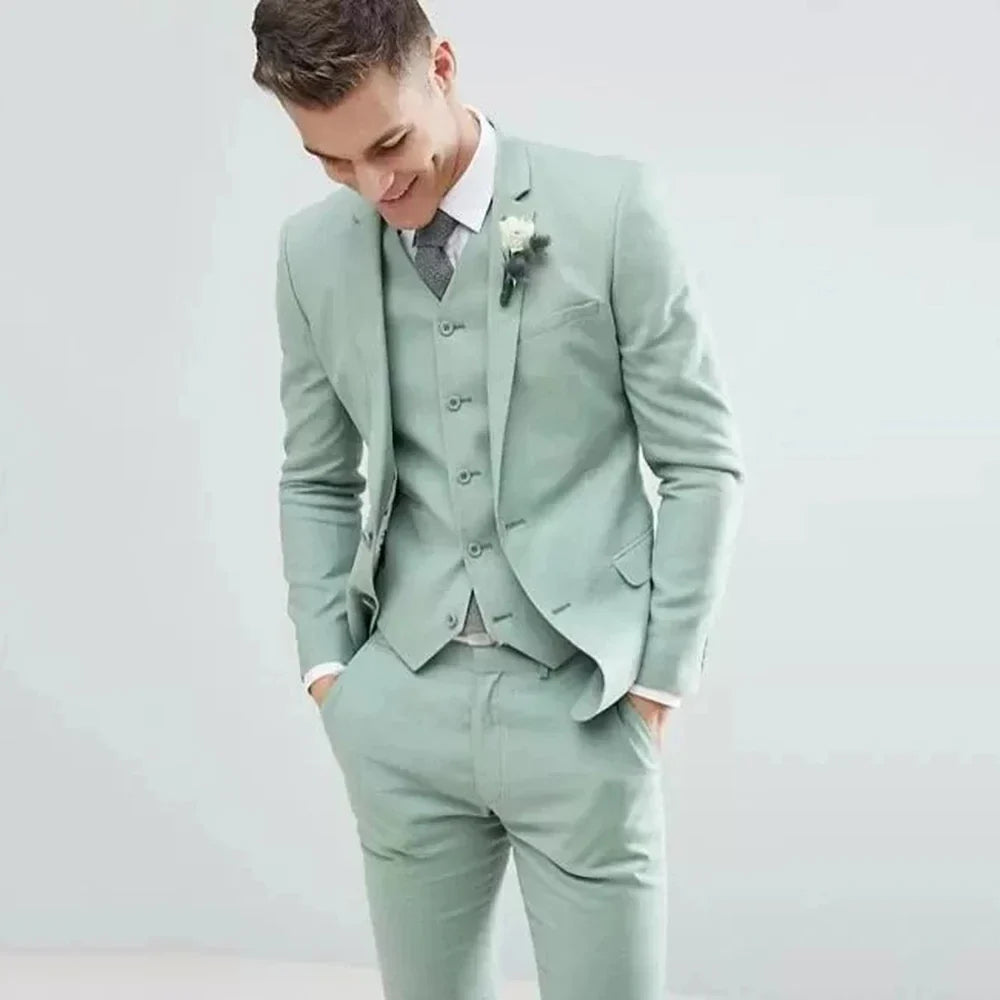 Green Men Wedding Suit Tuxedos Notched Lapel Fashion Groom Formal Wear Slim Fit Blazer Costume Homme 3 pieces (Jacket+Pant+Vest)