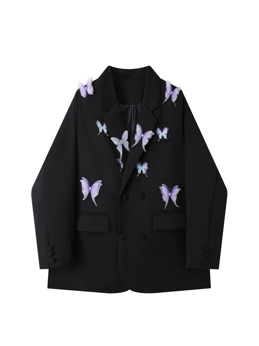 Women Black Gothic Butterfly Blazer Jacket Y2k 2000s Vintage Suit Coat Long Sleeve Single Breasted Oversize Outerwear Autum 2025