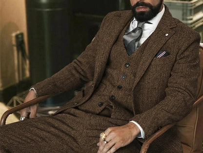 Costume d'Hiver Homme en Tweed de Laine Grise Motif Chevrons Coupe Slim Formel Smoking de Marié 3 Pièces pour Mariage (Veste+Gilet+Pantalon)