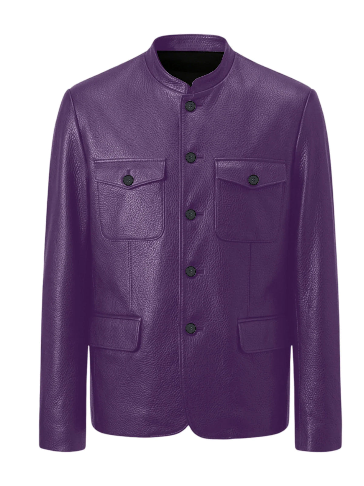 Men Premium Leather-Like Stand Collar Jacket Single Breasted Casual Multi-Pocket Slim Fit Business Outerwear