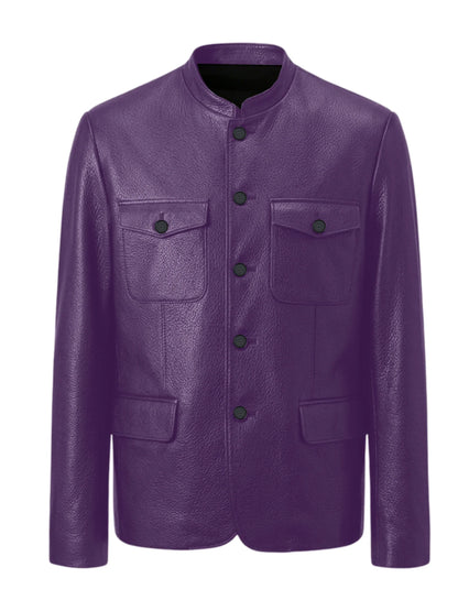 Men Premium Leather-Like Stand Collar Jacket Single Breasted Casual Multi-Pocket Slim Fit Business Outerwear