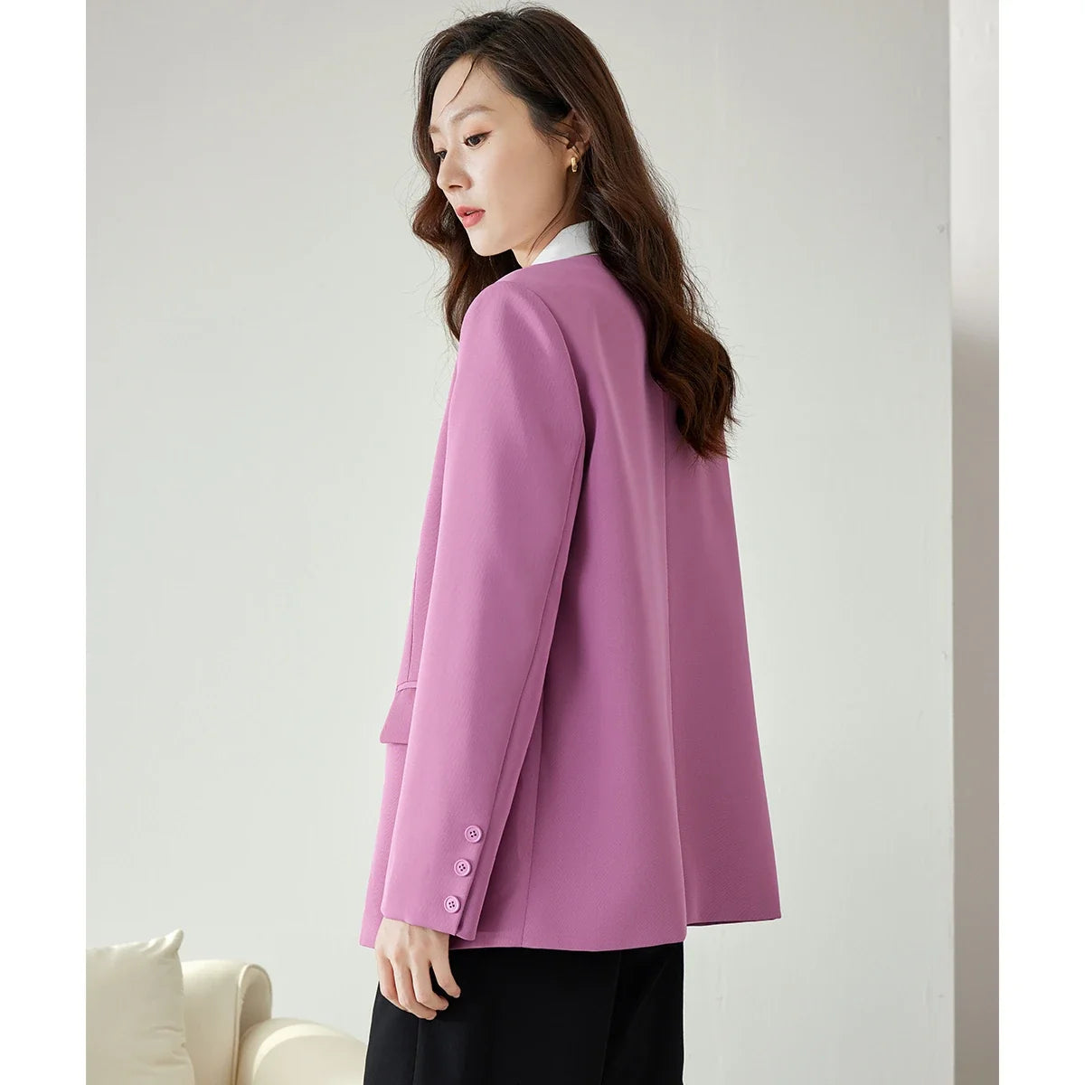 Women's Magenta Blazer Coat 2026 Fall Polo Collar Long Sleeves Outwear Fashion Office Lady Casual Elegant Jacket M2815