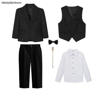 High Quality Boys Shiny Wedding Suits Kids Morning Coat Formal Dress Child Tuxedos Blazer Clothes Sets Toddler School Uniforms