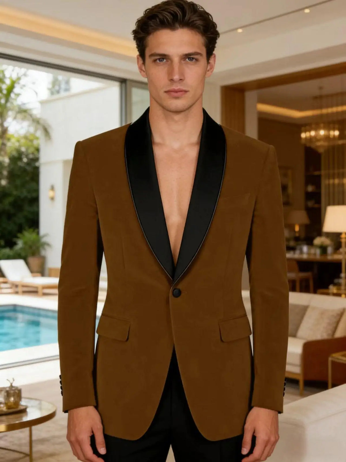 Men's Velvet Tuxedo Blazer Black Trim Shawl Lapel Slim Fit 1-Button Flap Pockets Suit Jacket Formal Wedding Party Sport Coats
