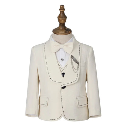 Children's Beige Blazer Set Kids Formal Wedding Birthday Party Suit Set Boys Jacket Vest Pants Bowtie Brooch 5Pieces Clothes Set