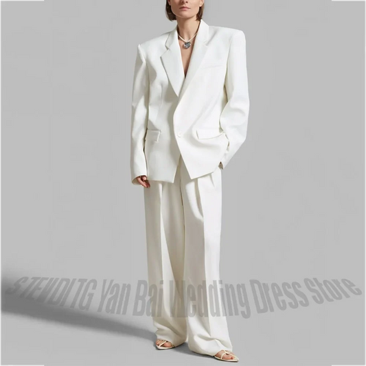 Oversized Women 2 Piece Suit Solid White Notch Lapel Single Breasted Classic Female Clothing Office Business Casual Jacket Pants