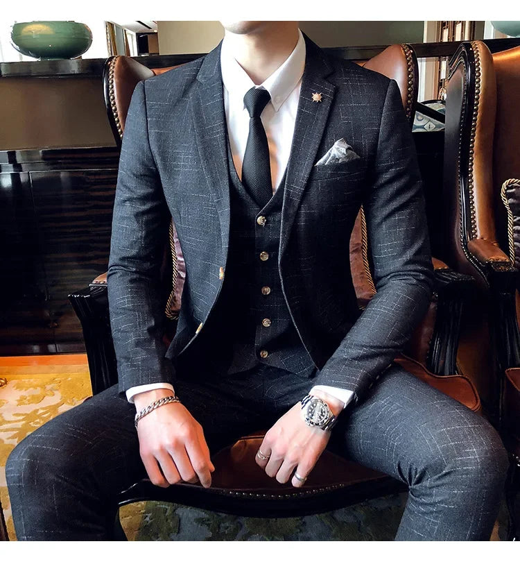 Men's 3-Piece Striped Formal Suit – Blazer, Vest & Trousers | Italian Style Business Gentleman