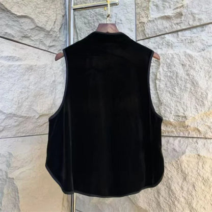 Retro Female New Patchwork Waistcoat Tops Spring Autumn Women High-end Vest Coat Ladies Fashion Casual Velvet Sleeveless Jacket