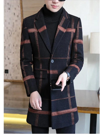 Korean Fashion Woolen Coat Men's Mid-Length Slim-Fit Trench Youth Business Casual 2023 Autumn Winter New Style