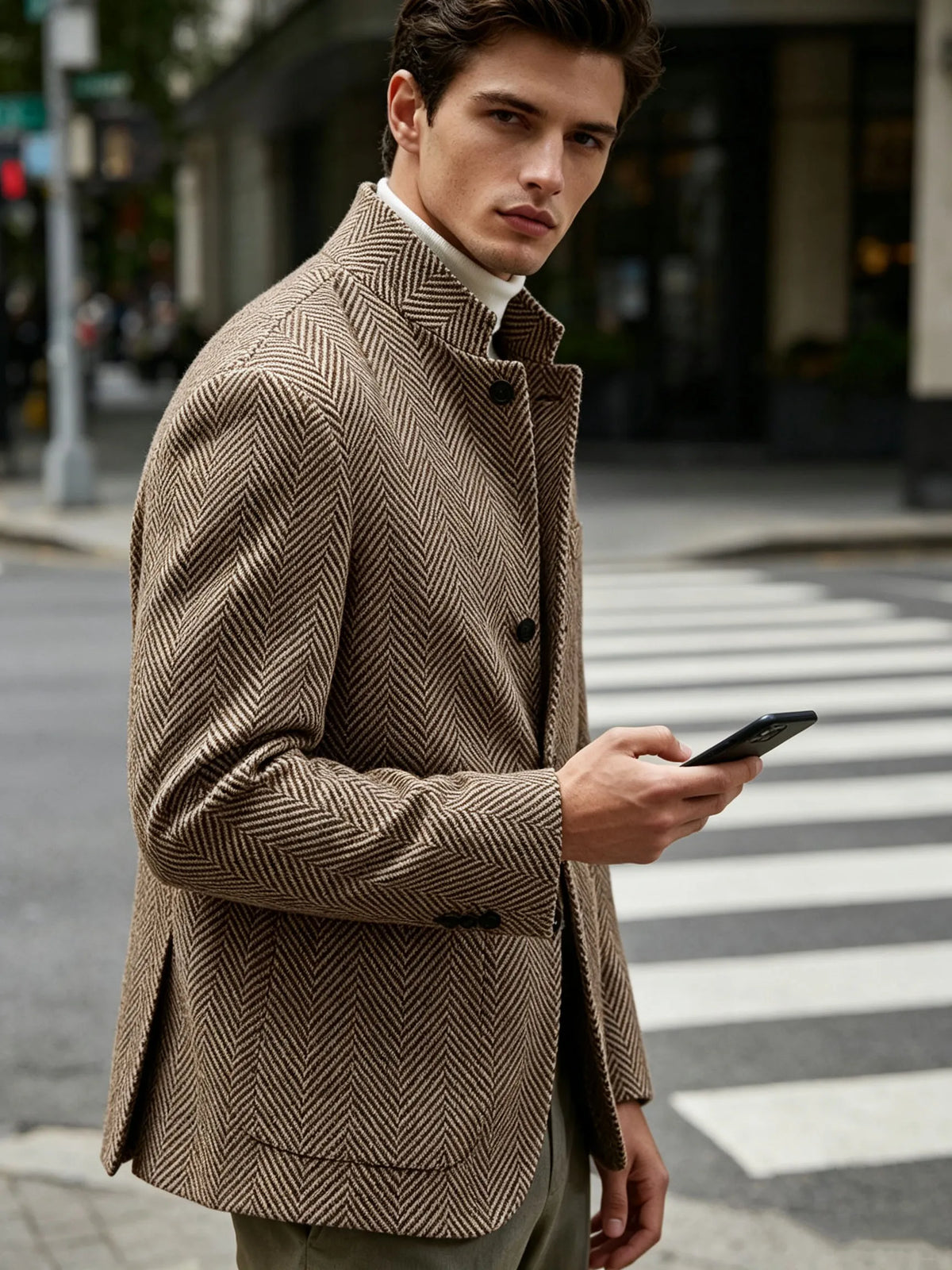 Men's Herringbone Tweed Stand Collar Blazer  Notch Lapel Slim Fit Wool Blend Sport Coat Business Casual Wedding Prom Man Jackets