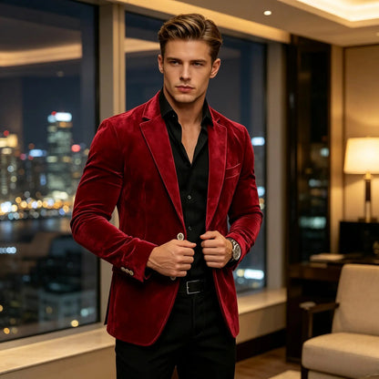 Men Suede Blazer Two Buttons Slim Fit Casual Formal Jacket Wedding Party Dinner Gentleman Sport Coat