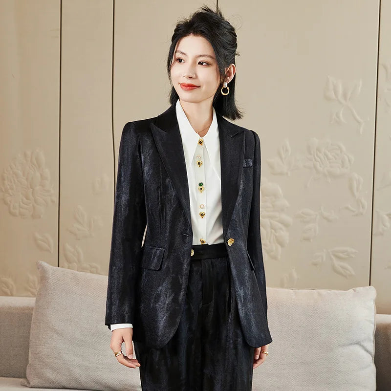 Women Golden Black Formal Pant Suit Autumn Female Tie-dye Blazer and Trouser 2 Piece Set For Office Ladies Winter Work Wear